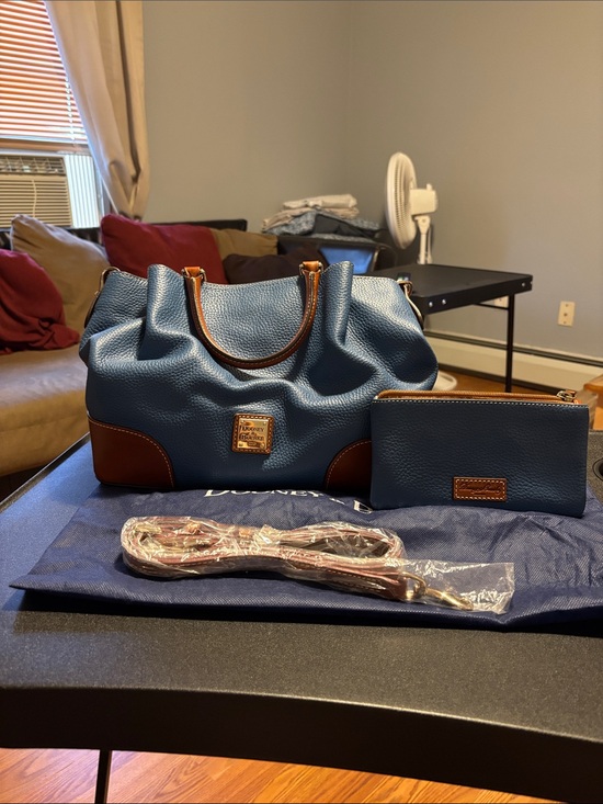 Dooney & Bourke Handbags - Dooney & Bourke Blue Pebbled Leather Satchel with Brown Trim and Wristlet